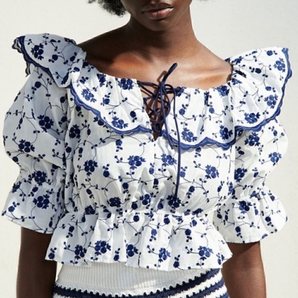 𝅺ZARA Embroidered Floral Ruffle Crop Top M